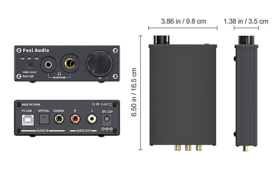 Fosi Audio DAC Converter 24 bit / 192kHz Optik / Koaksiyel / USB Dijital-Analog Adaptör Dekoder ve Kulaklık Amplifikatörü ve Mini Stereo Ön Amplifikatör Q5