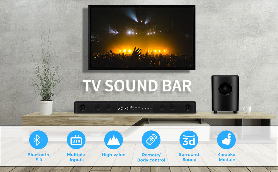 Fosi Audio B10 2.1 CH Sound Bar for TV Surround Sound Speaker with U-Disk/Optical/Coaxial/HDMI(ARC)/NFC with Microphones