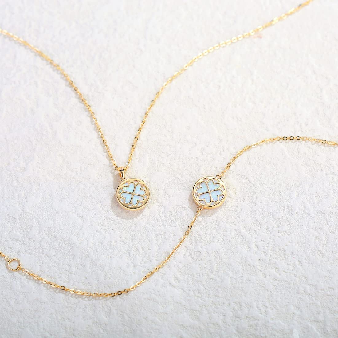 FANCIME Created White Opal Round14K Real Yellow Gold Necklace