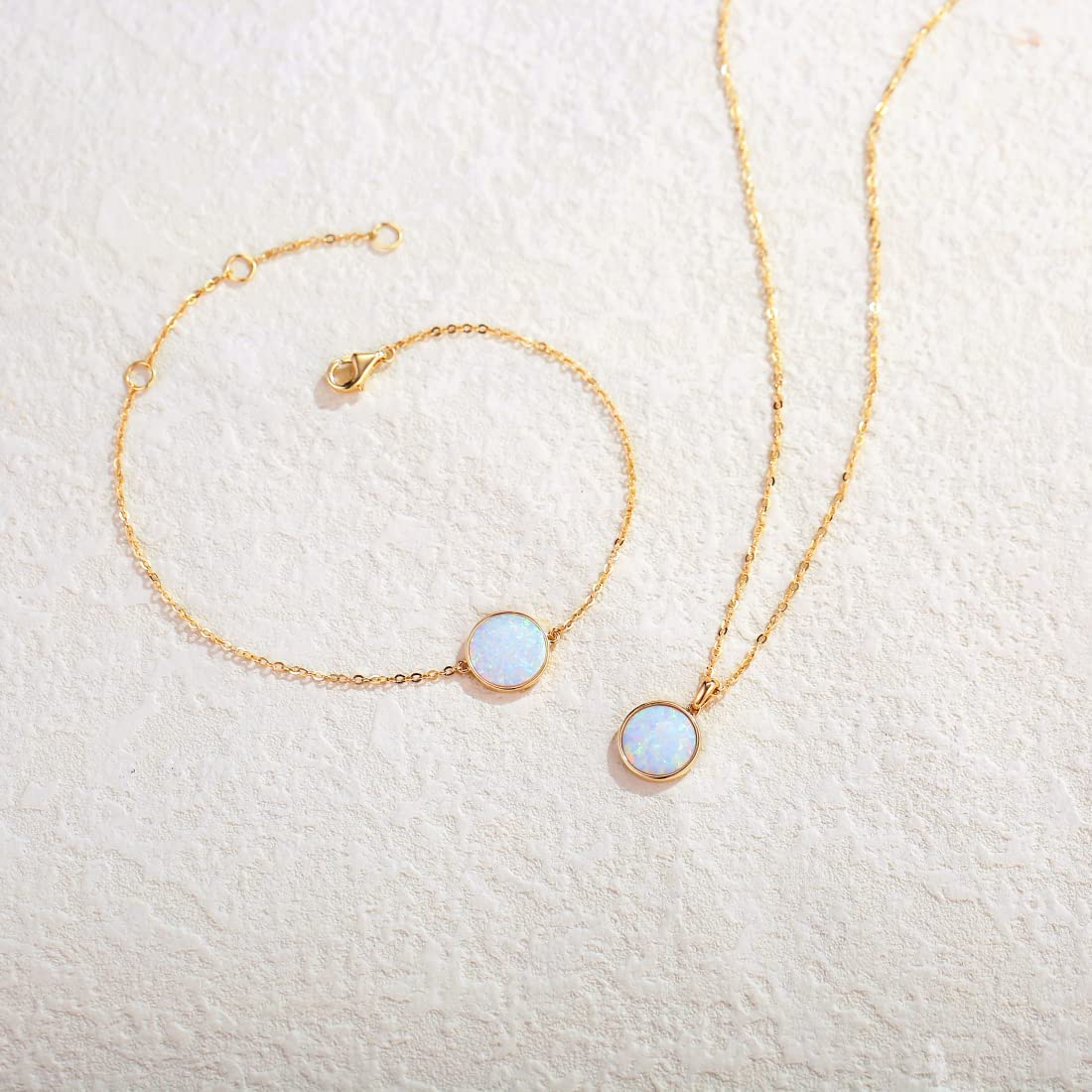 FANCIME Created White Opal Round14K Real Yellow Gold Necklace