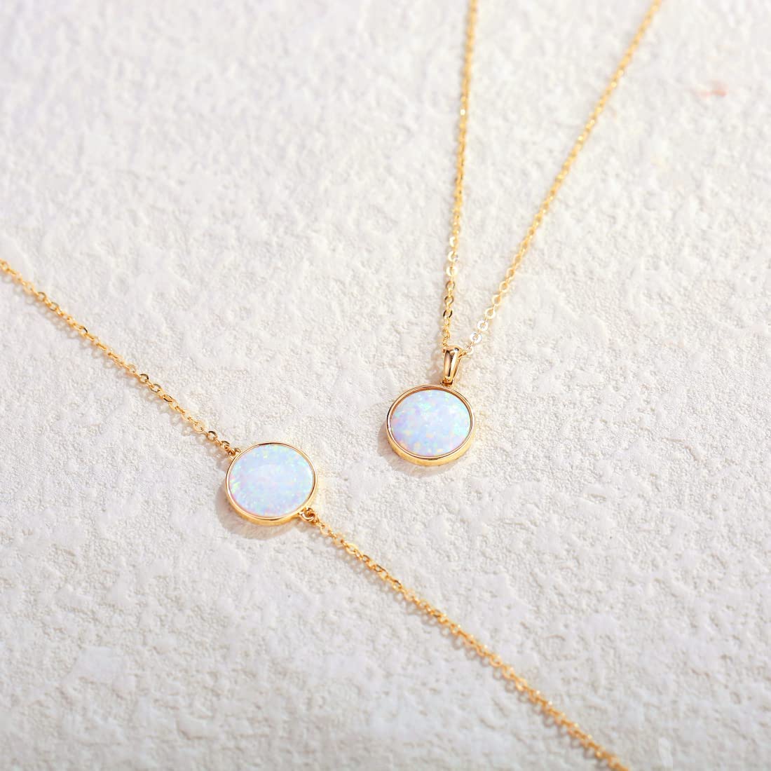 FANCIME Created White Opal Round14K Real Yellow Gold Necklace