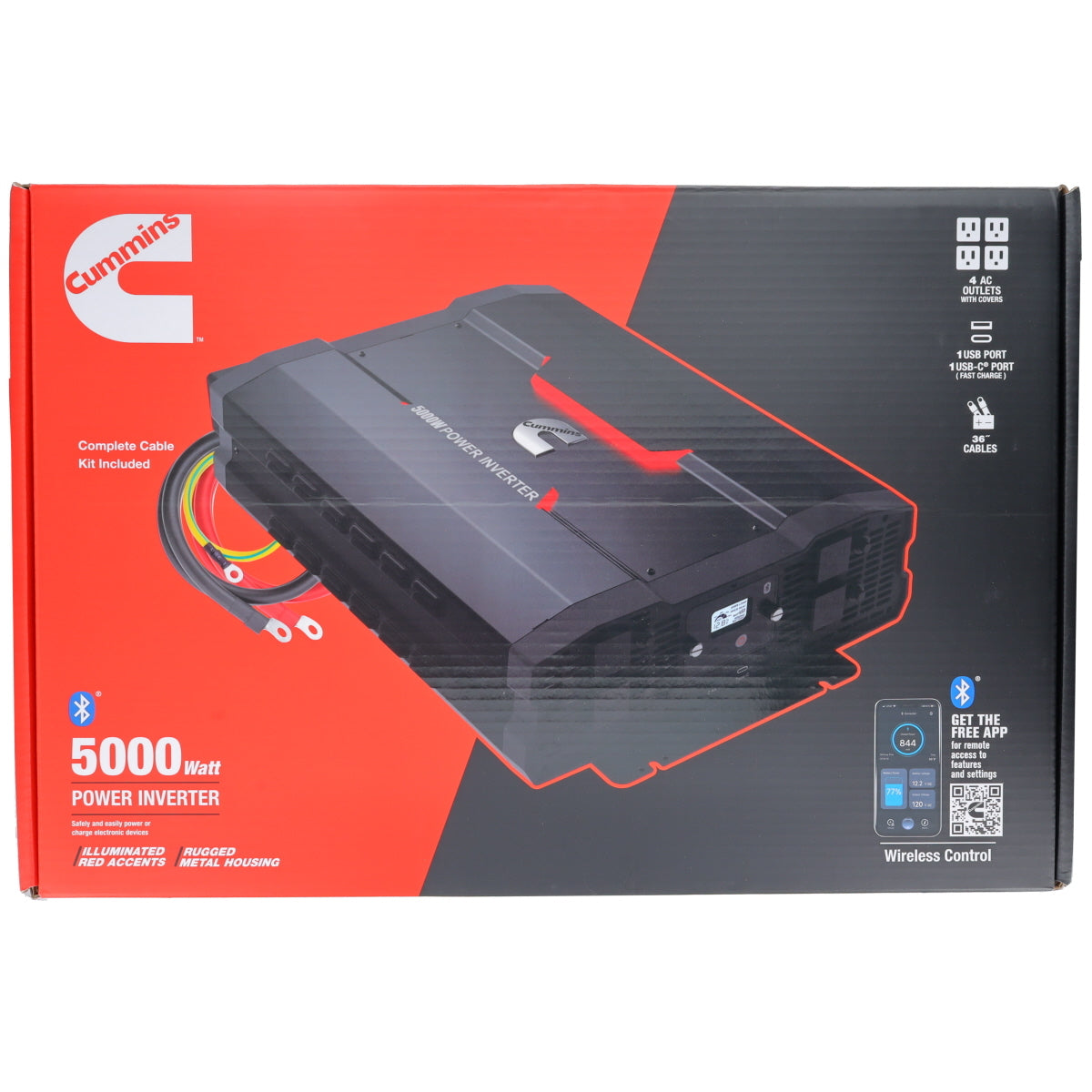 Cummins 5000 Watt Power Inverter Modified Sine Wave Truck Inverter 12V to 110 Volts Four AC Outlets Two USB Ports (Full Cable Kit Included) CMN5000W
