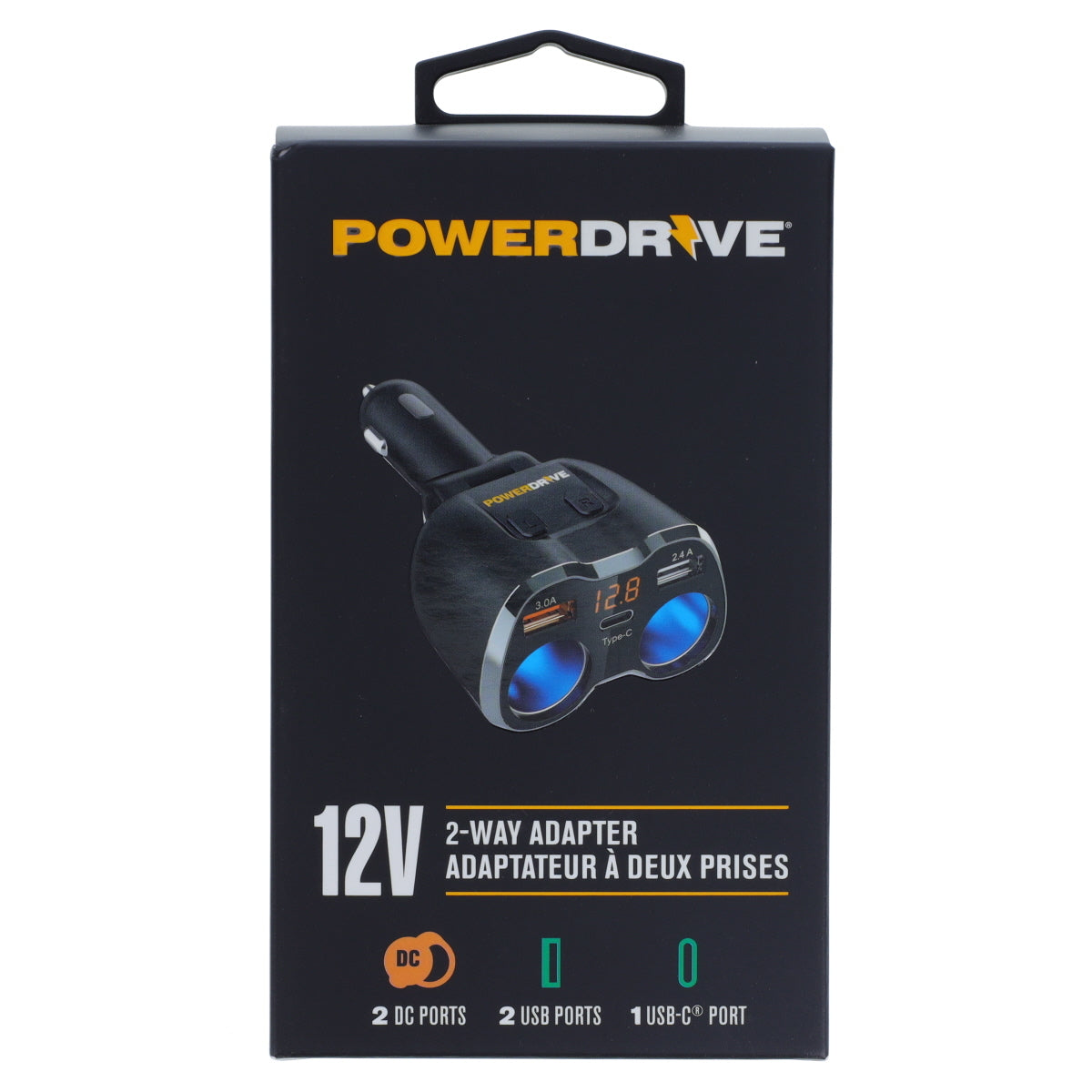 PowerDrive 12V 2-Way Adapter with USB and USB-C Ports LED Display 80W Output Cigarette Socket Splitter Adapter Black