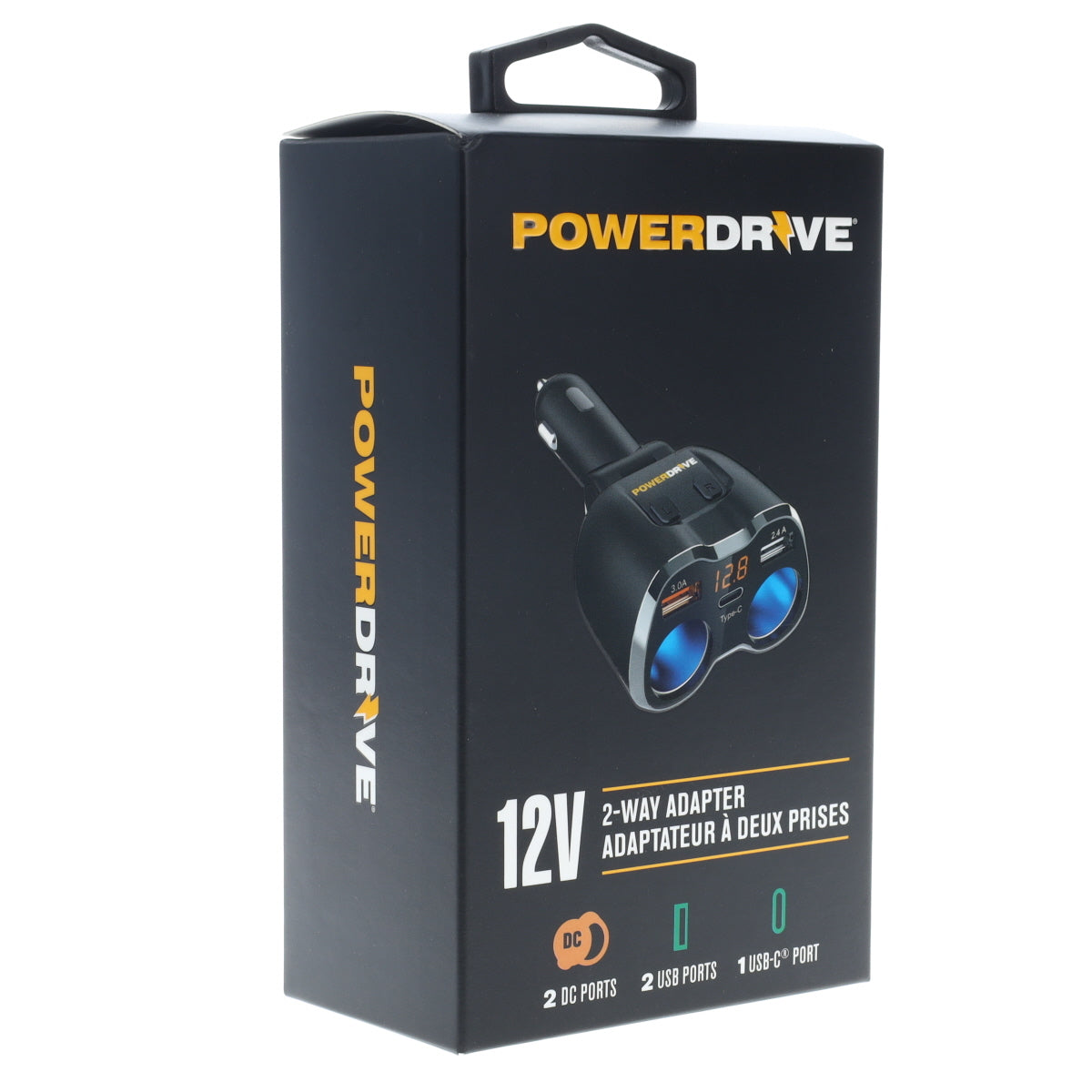 PowerDrive 12V 2-Way Adapter with USB and USB-C Ports LED Display 80W Output Cigarette Socket Splitter Adapter Black