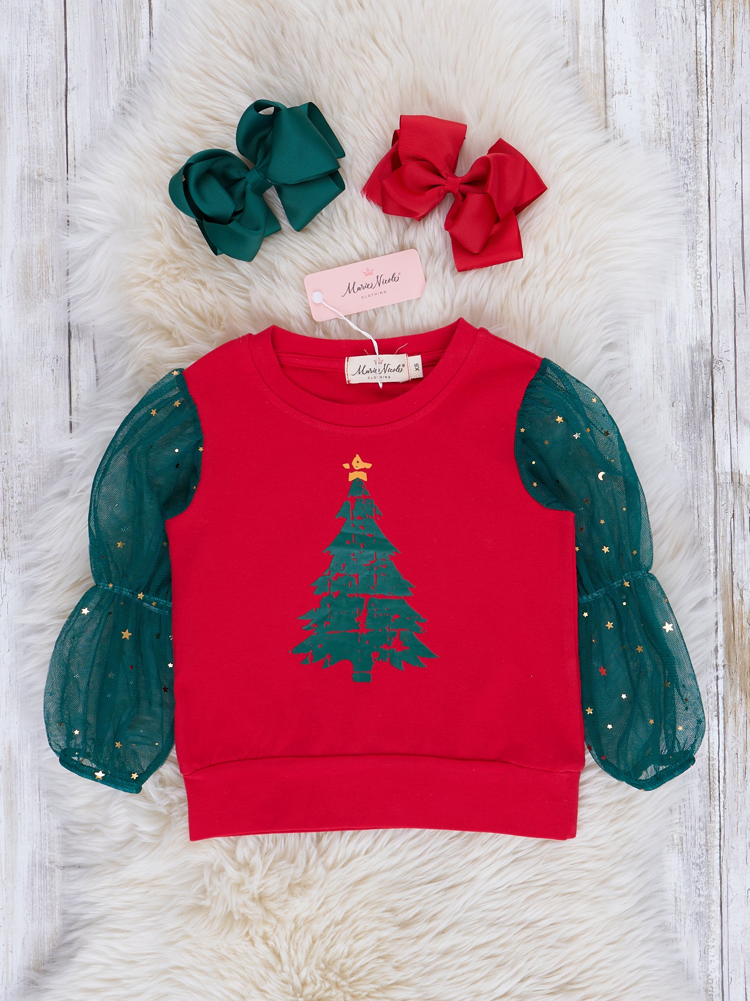 Red & Green Sparkle Tulle Sleeve Top