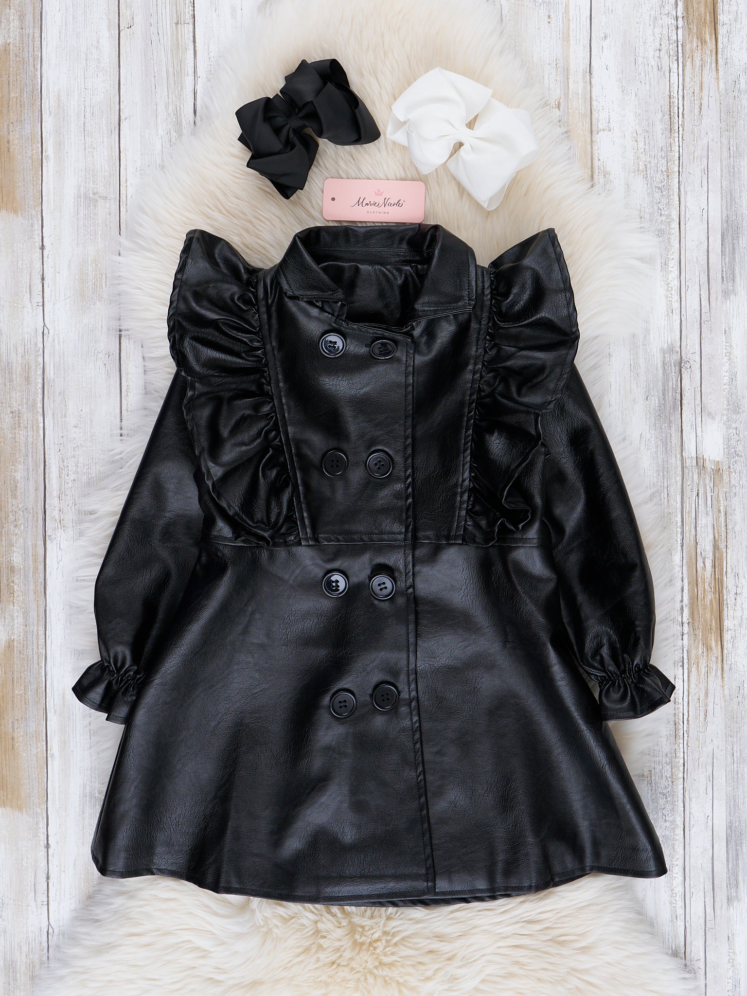 Faux Leather Collared Ruffle Jacket