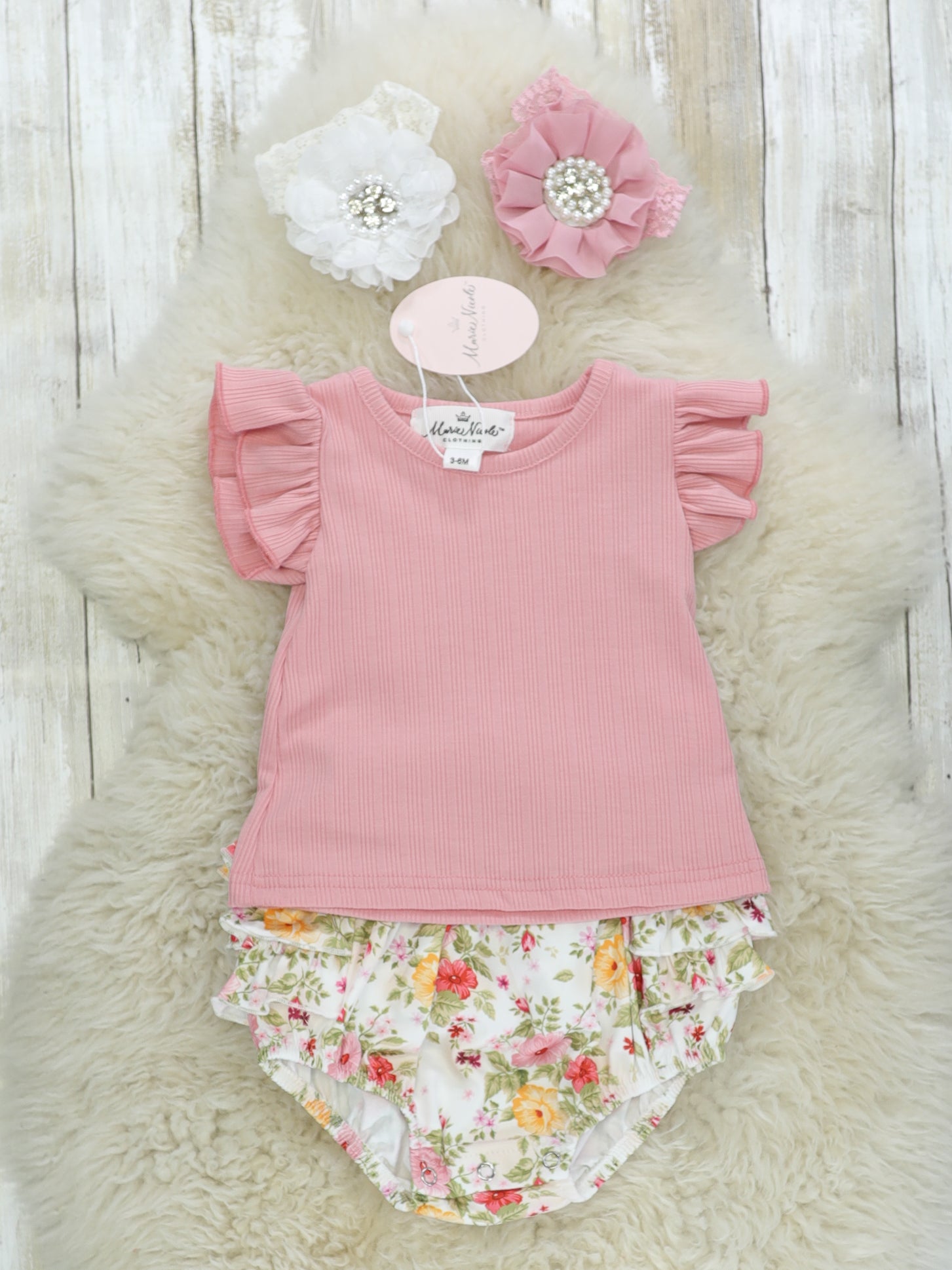 Pink Ruffle Top & Floral Ruffle Overall Set