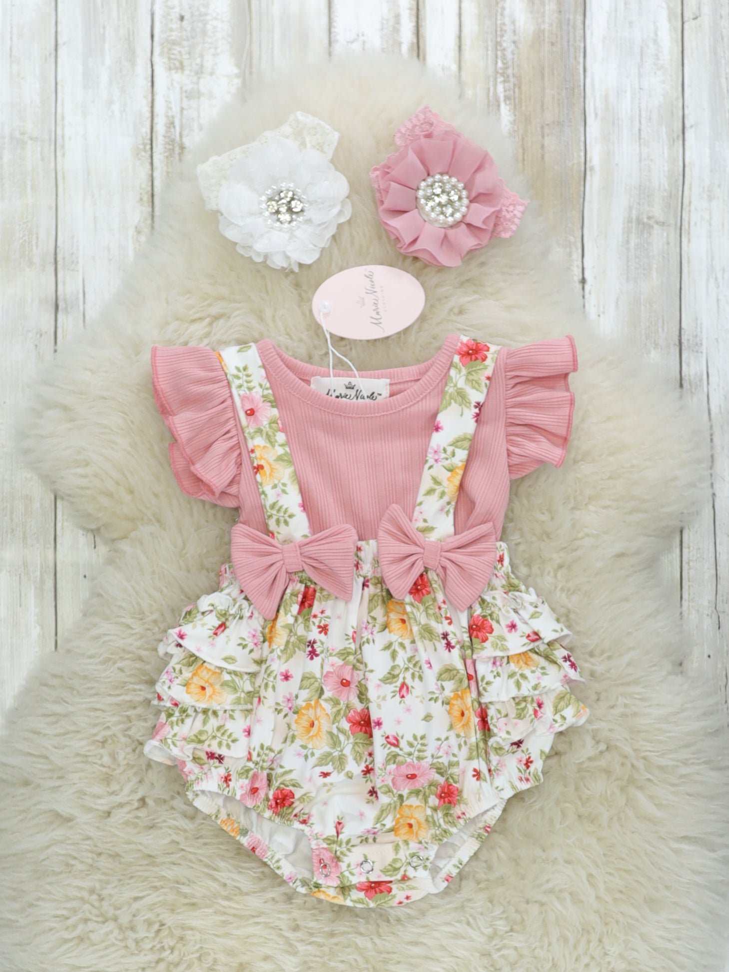 Pink Ruffle Top & Floral Ruffle Overall Set