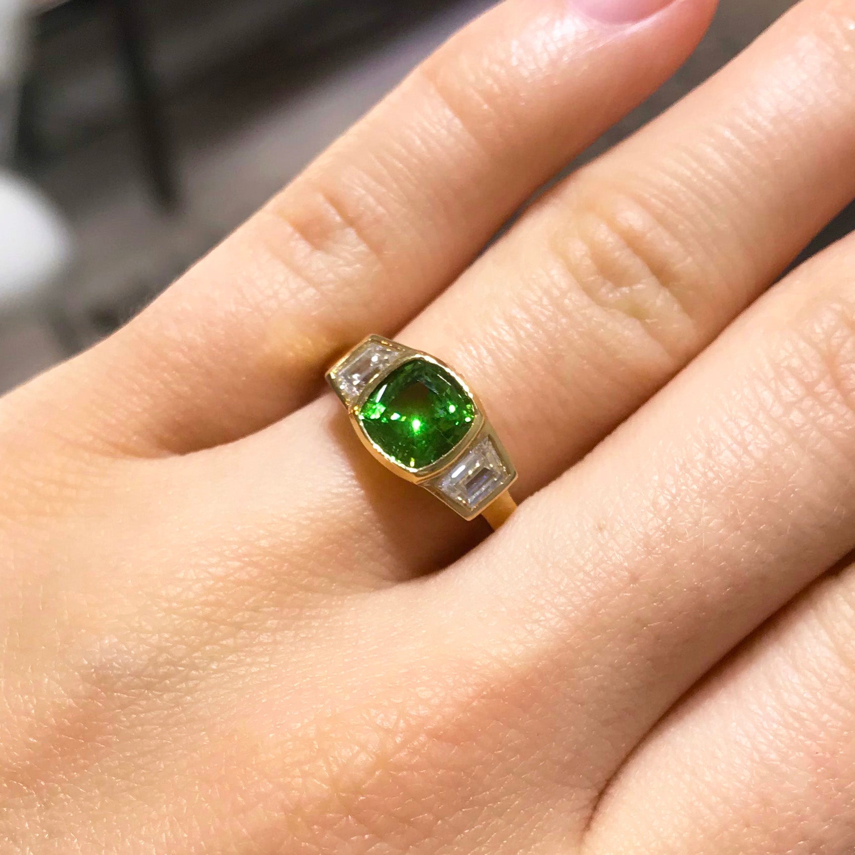 Tsavorite & Diamond Three Stone Ring