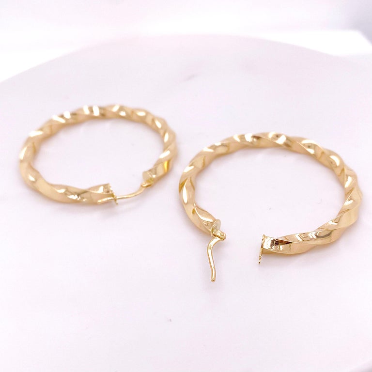Polished Twisted Gold Hoop Earrings, 14K Yellow Gold Hoops