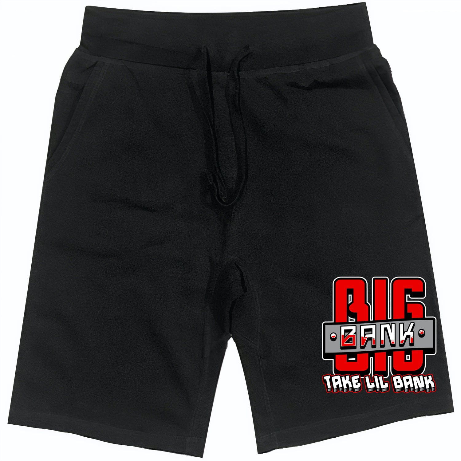 RED BIG BANK : Black Cotton Terry Fleece Shorts