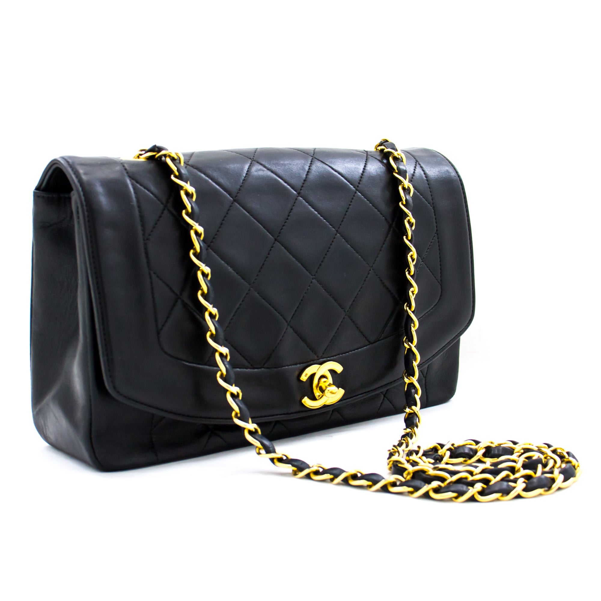 CHANEL Diana Flap Chain Shoulder Bag Black Quilted Lambskin Purse h32