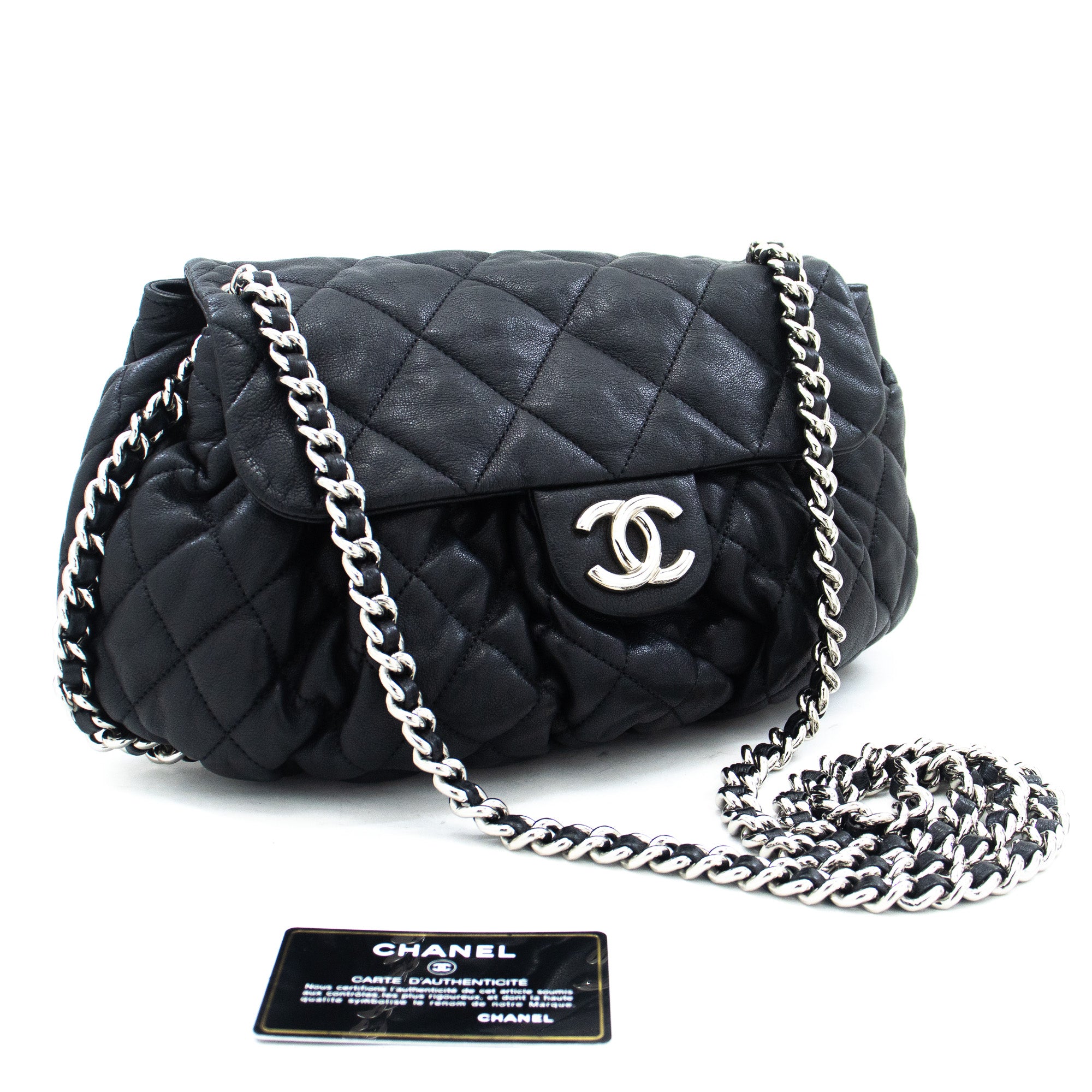 CHANEL Chain Around Shoulder Bag Crossbody Black Calfskin Leather k16