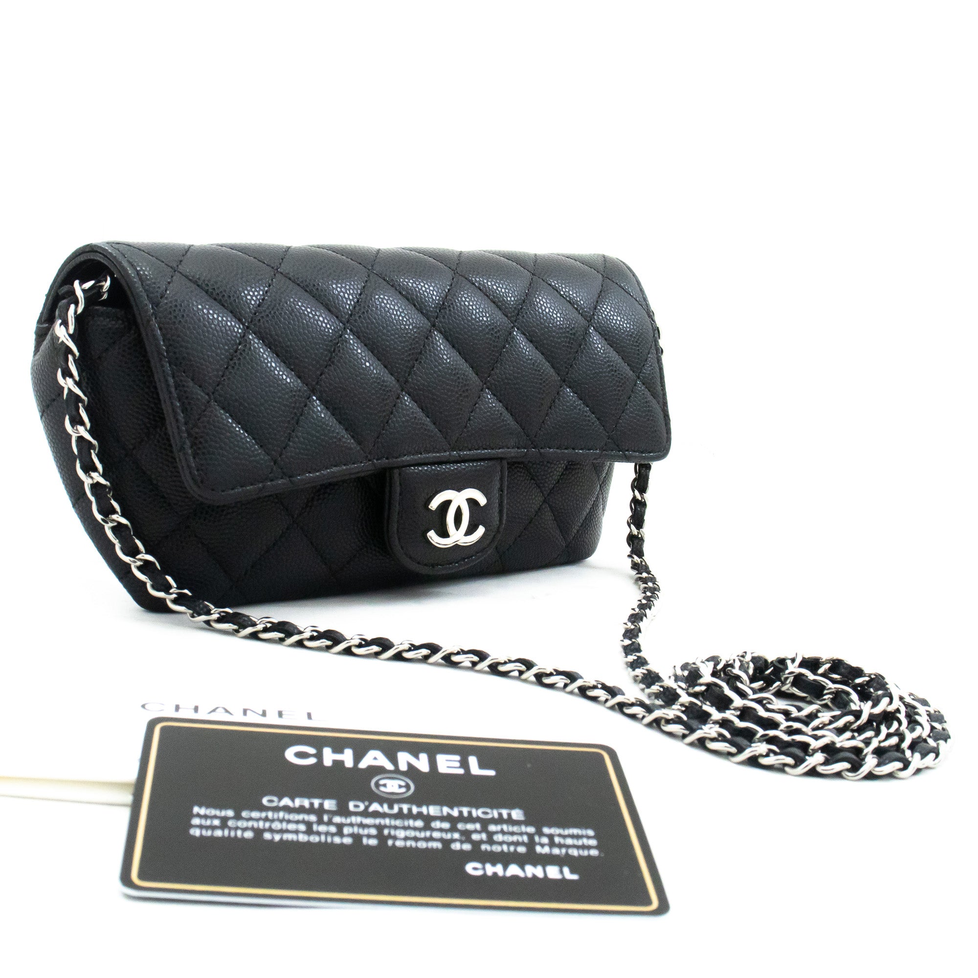 CHANEL Flap Phone Holder With Chain Bag Black Crossbody Clutch j99