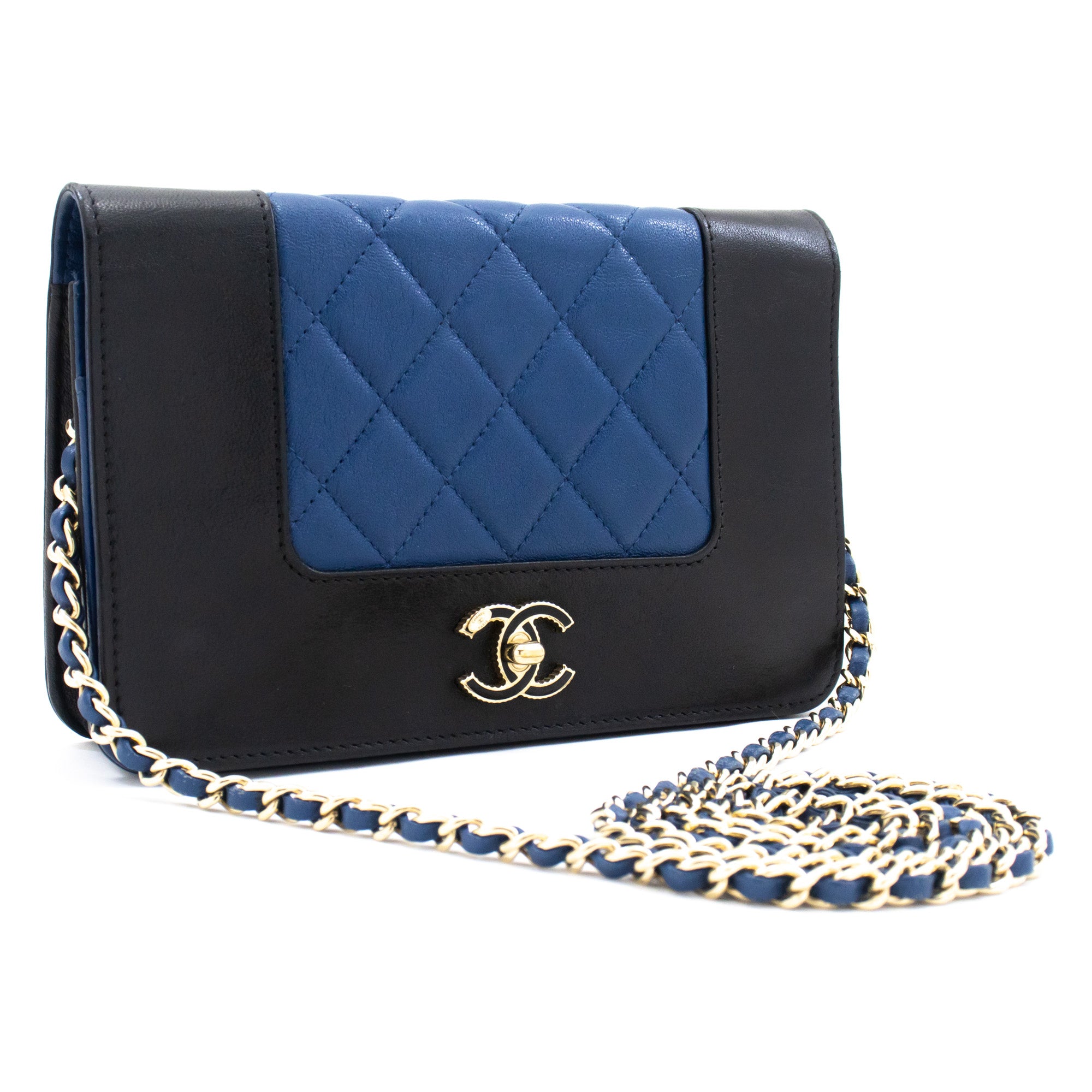 CHANEL Black Blue Wallet On Chain WOC Shoulder Bag Crossbody Gold L05