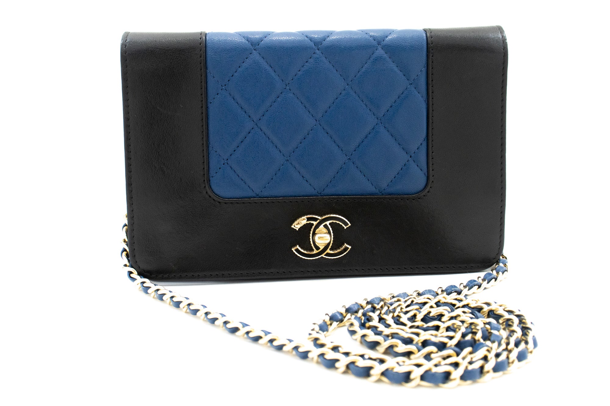 CHANEL Black Blue Wallet On Chain WOC Shoulder Bag Crossbody Gold L05