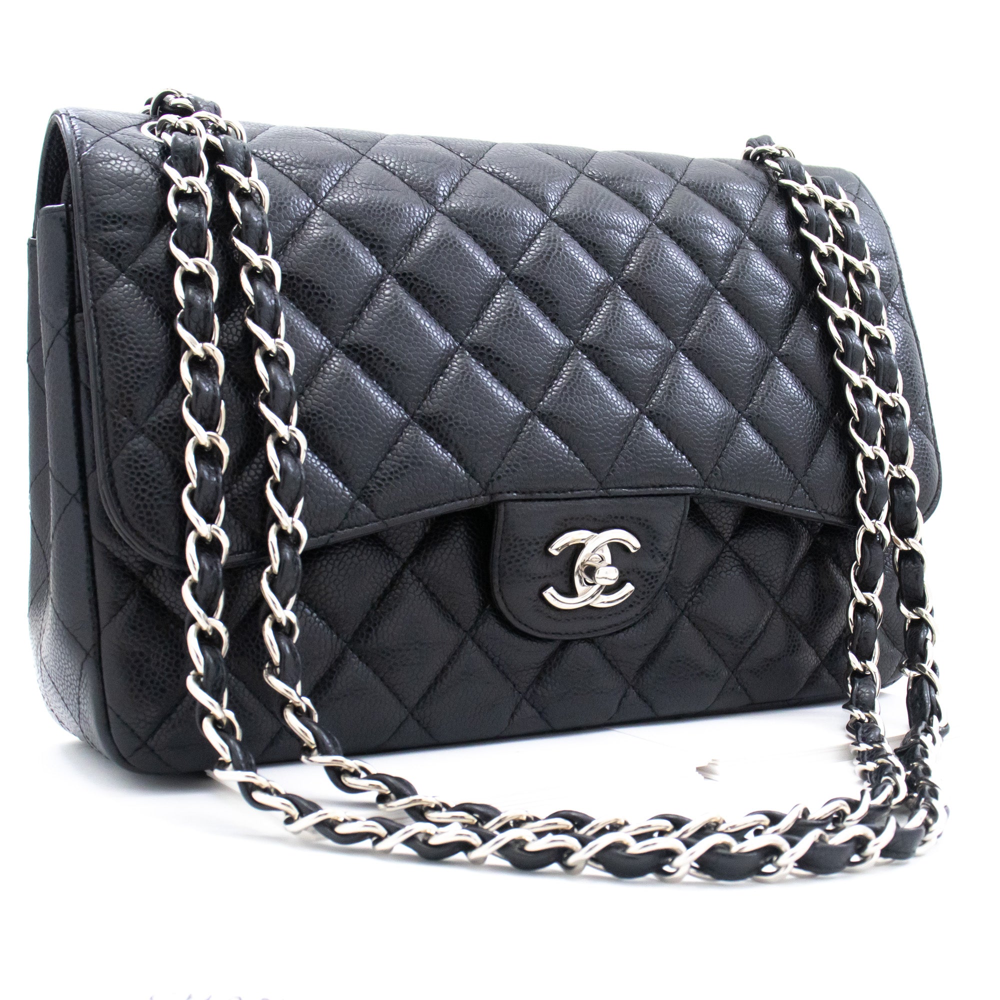 CHANEL Grained Calfskin Large Chain Shoulder Bag W Flap SV Classic L06