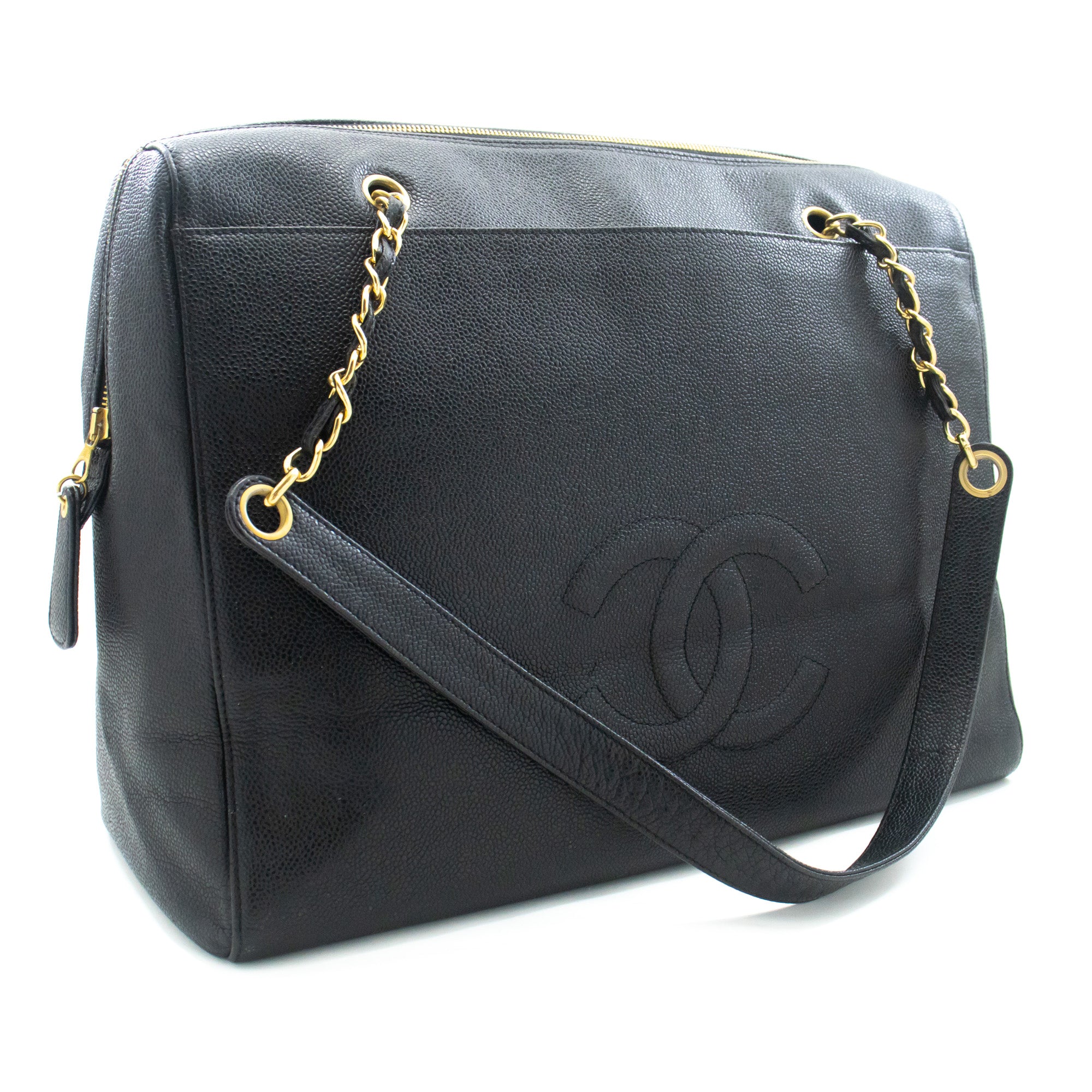 CHANEL Caviar Big Large Chain Shoulder Bag Black Leather Gold Zip d73