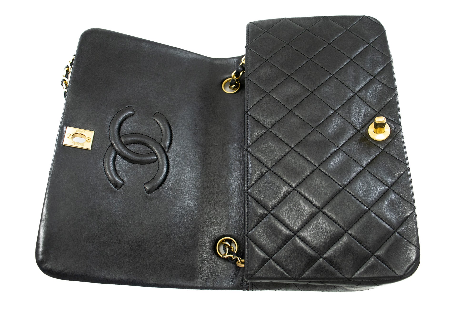 CHANEL Full Flap Chain Shoulder Bag Black Quilted Lambskin Purse j65