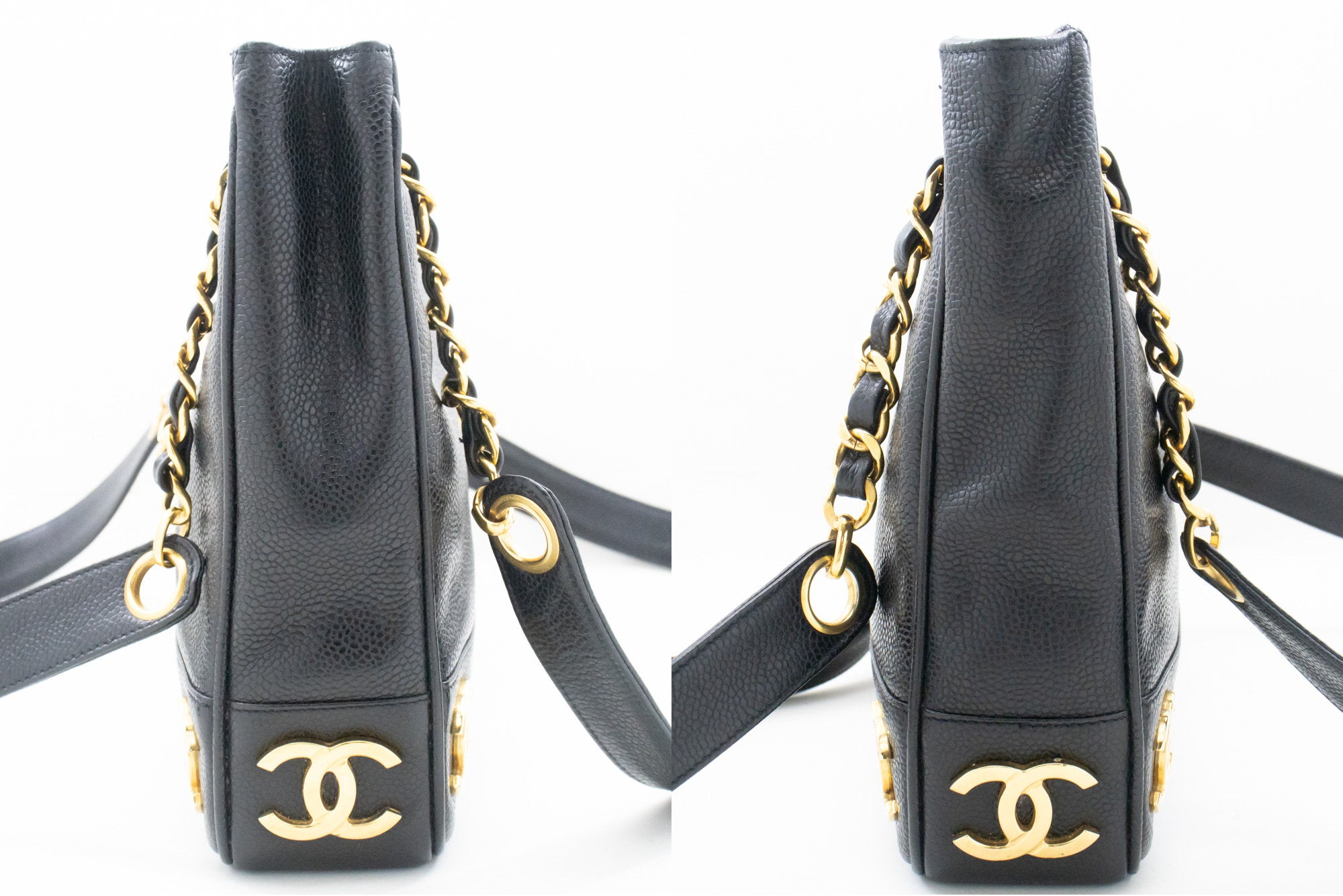 CHANEL Caviar Triple Coco Chain Shoulder Bag Black Leather Gold m25