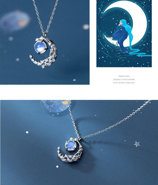 Moon Glaze Diamond Silver Necklace, Crystal Pendant - LUXYIN