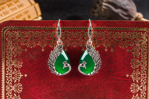 Green Jade Peacock Silver Drop Earrings, Natural Stone Dangle - LUXYIN