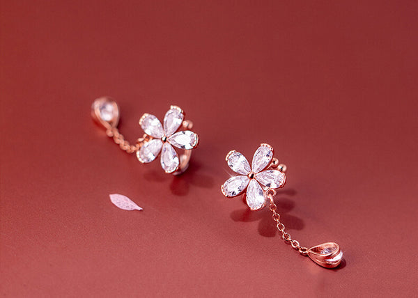 RoseGold Flower Tassel Clipon Earrings, Non-pierced Ear Cuffs