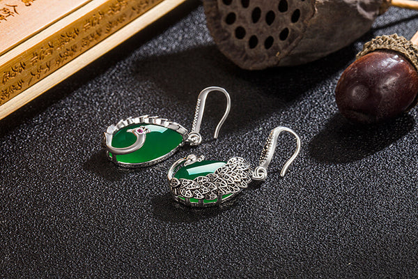 Green Jade Peacock Silver Drop Earrings, Natural Stone Dangle - LUXYIN