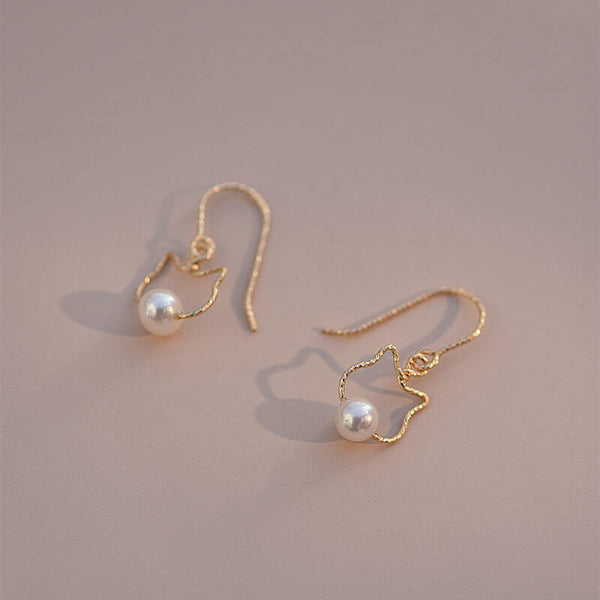 Lovely Gold Cat Pearl Drop Earrings, Pearl Dangle Earrings - LUXYIN