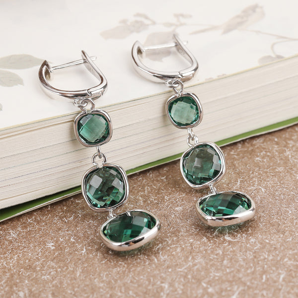 Green Crystal Long Earrings, Silver Tassel Dangle Earrings - LUXYIN