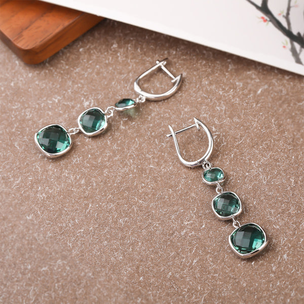 Green Crystal Long Earrings, Silver Tassel Dangle Earrings - LUXYIN