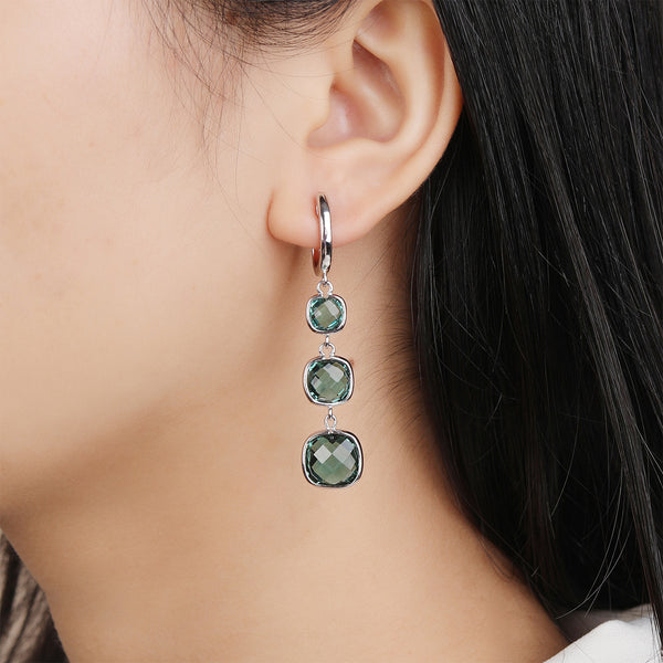 Green Crystal Long Earrings, Silver Tassel Dangle Earrings - LUXYIN