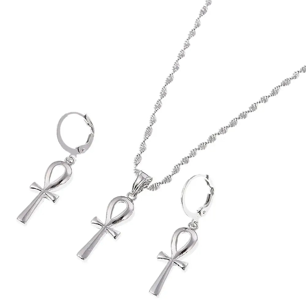 Ancient Egypt Necklace - With Silver Ankh Cross Earrings Set