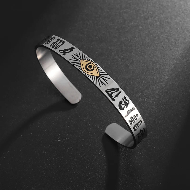 Ancient Egypt Bracelet - Stainless Steel Horus Eye With Hieroglyphs