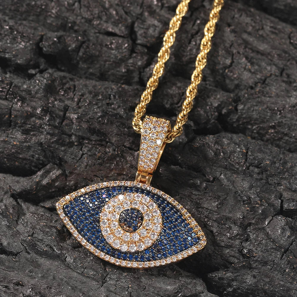 Eye Of Providence Necklace - Gold Copper & Zirconia Blue Eyes Pendant With Rhinestones
