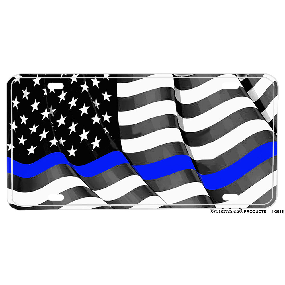 Thin Blue Line Flowing American Flag for law Enforcement  Aluminum License Plate