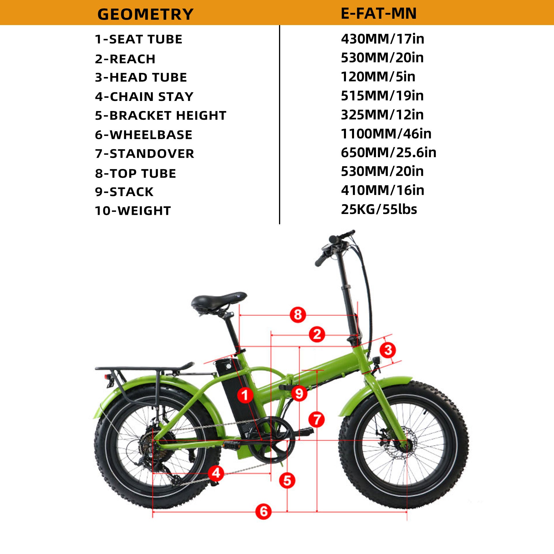 Moped style E-bike Eunorau E-Fat-MN Geometry