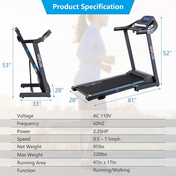 2.25 HP Folding Electric Motorized Power Treadmill with Blue Backlit LCD Display by Costway