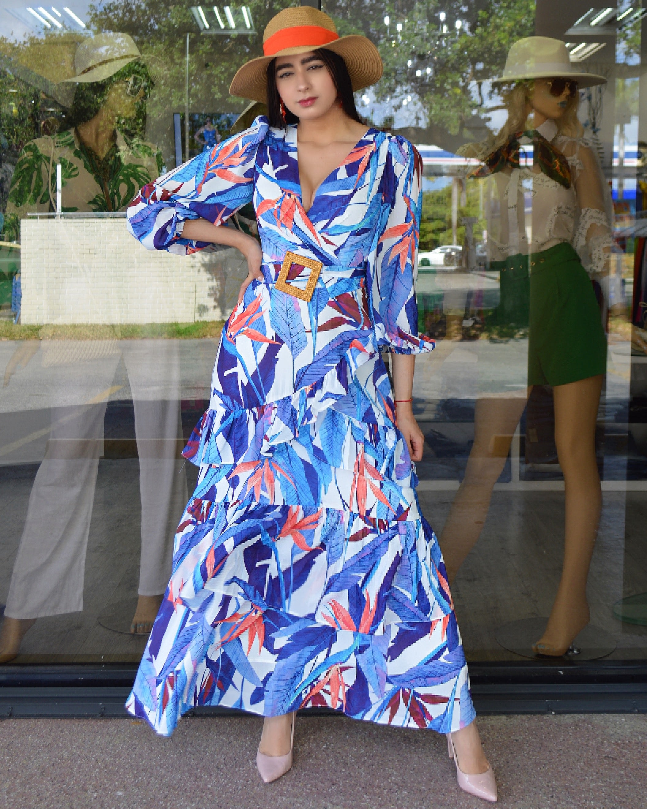 Still Here For You Belted Maxi Dress Blue Leaf Print