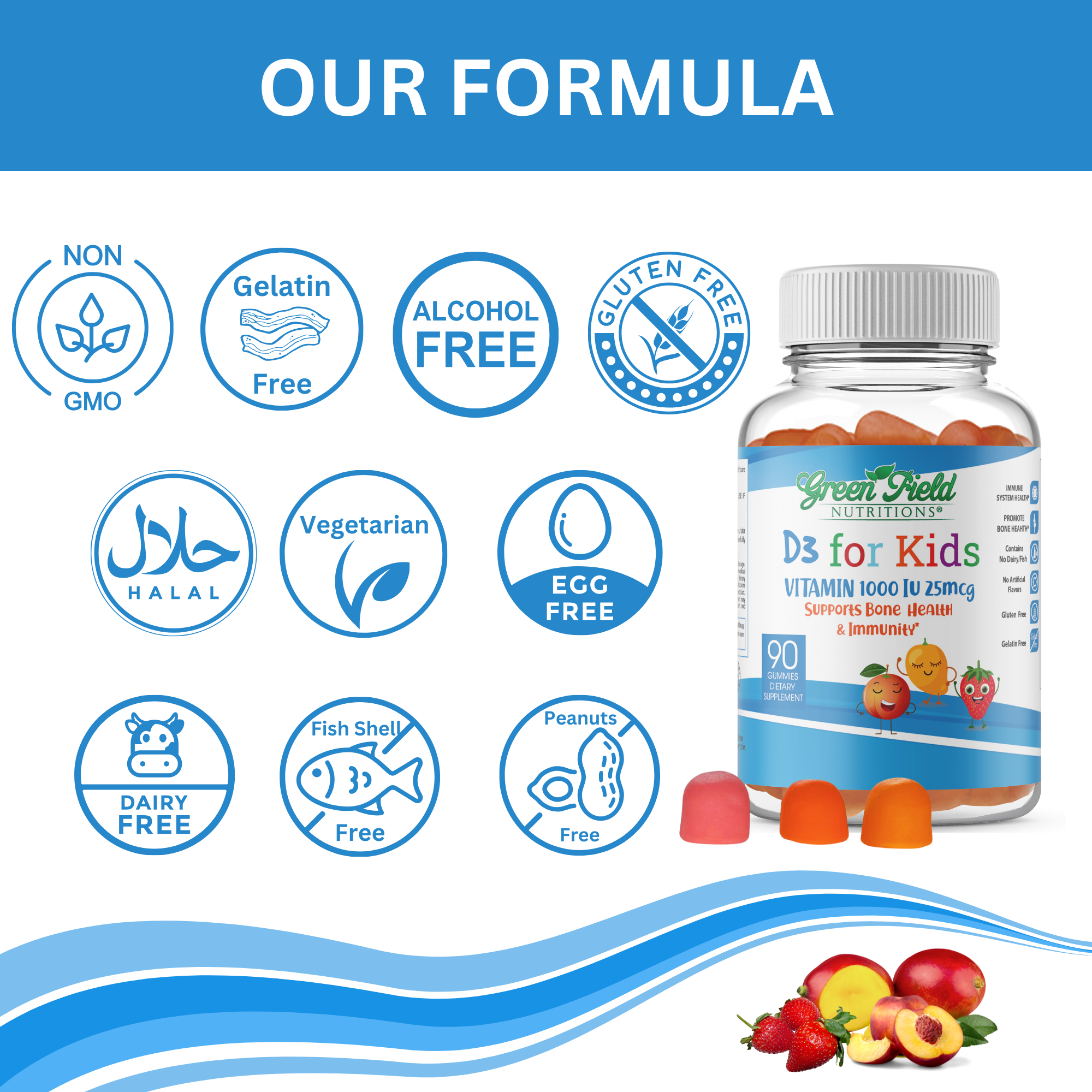 Greenfield Nutritions - Halal Vitamin D3 for Kids 1000IU (25 mcg) Gummies - Gelatin Free and Gluten Free-90 Gummy