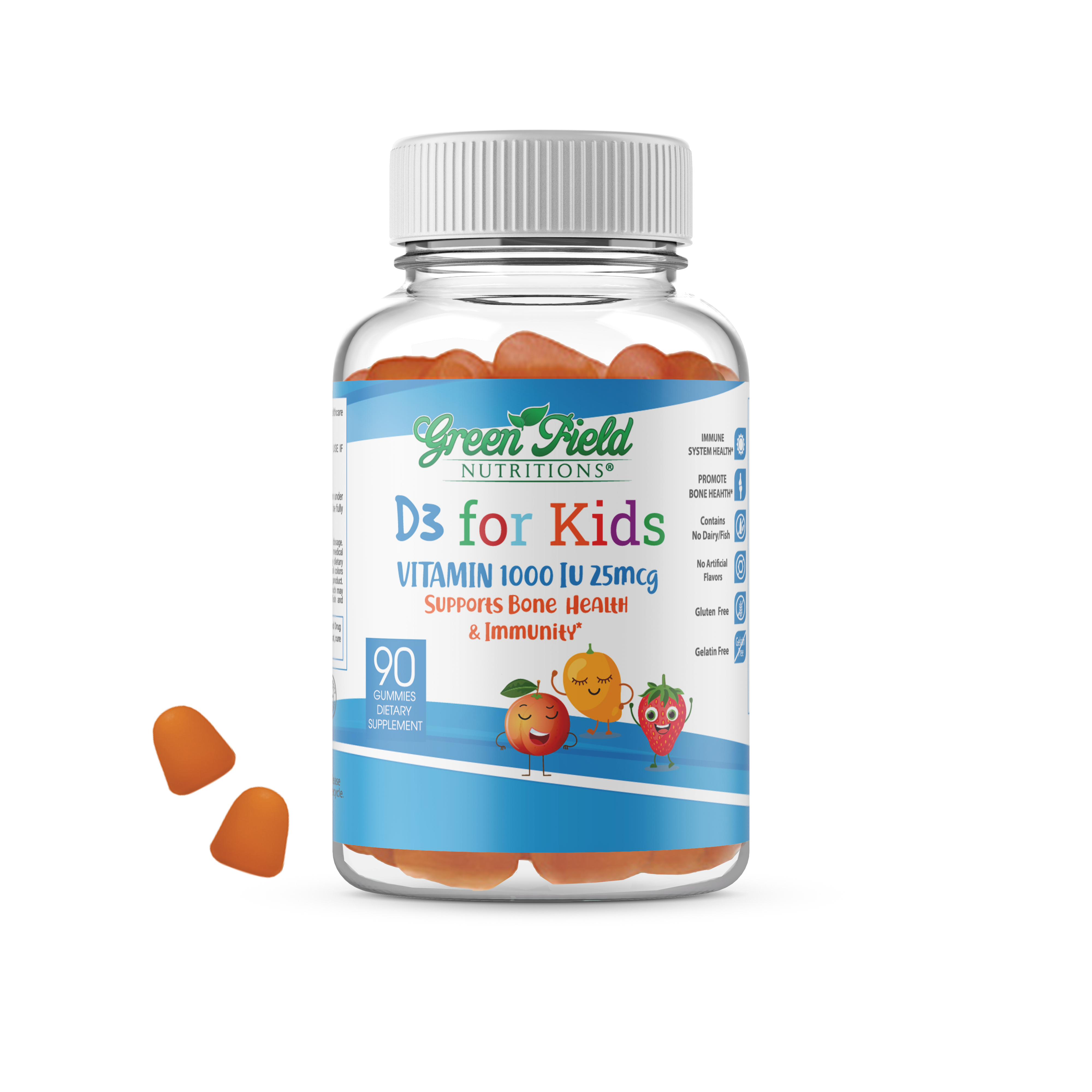 Greenfield Nutritions - Halal Vitamin D3 for Kids 1000IU (25 mcg) Gummies - Gelatin Free and Gluten Free-90 Gummy