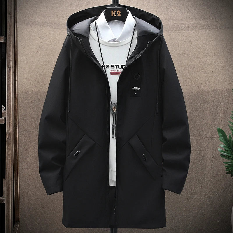 mens long jackets Spring Autumn Hooded windbreaker men Overcoat hip hop Solid Slim coats Hot Sale Casual man jacket New