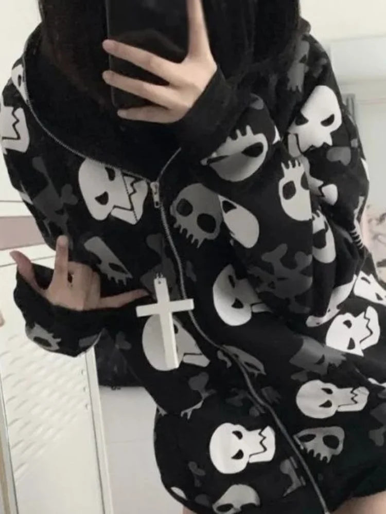 Y2k Sweatshirt Women Mall Goth Goth Harajuku Skull Print Long Sleeve Zipper Cardigan Hoodie Emo Top Autumn Fashion