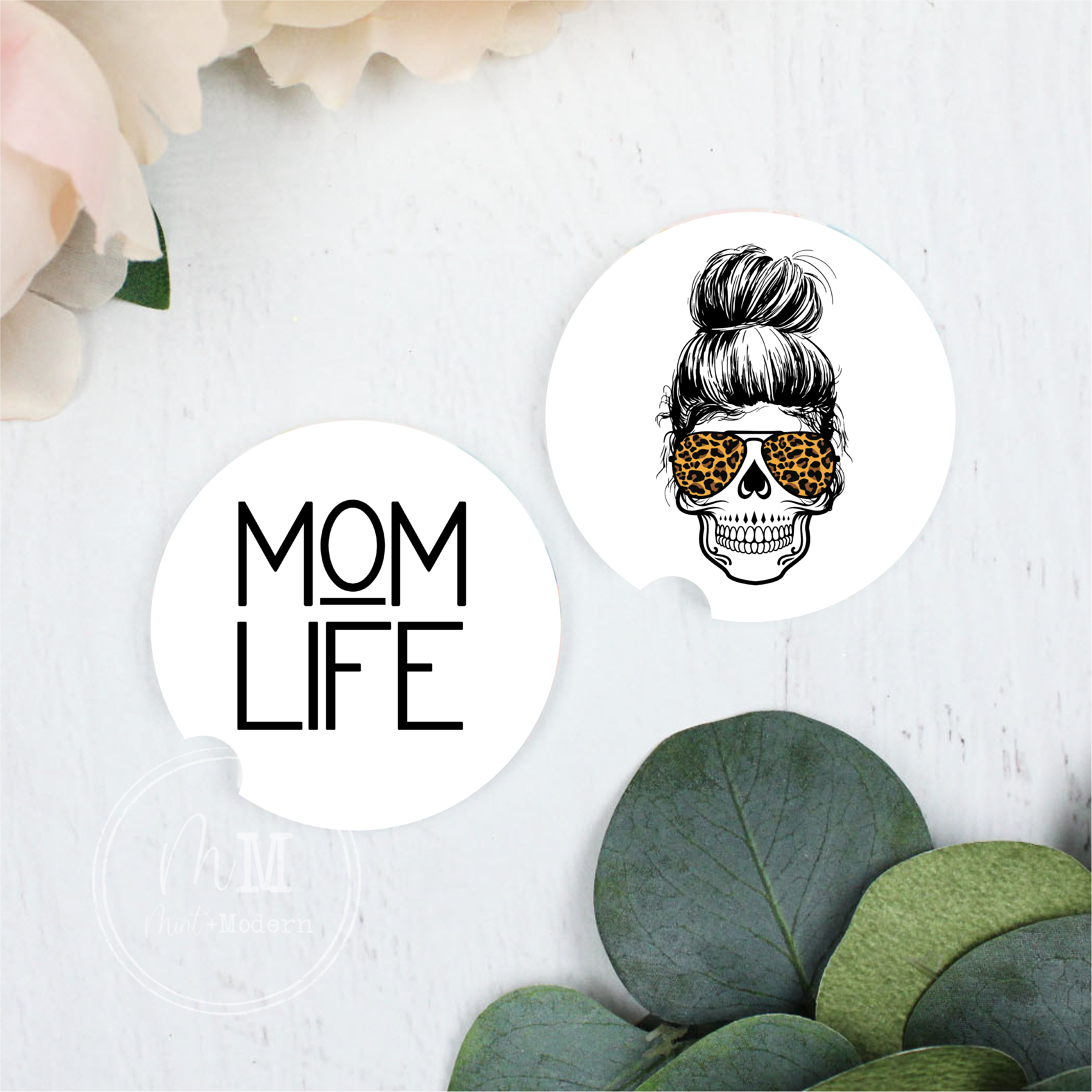 Mom Life Messy Bun Skull Sign Ceramic Car Coaster Set 2.5
