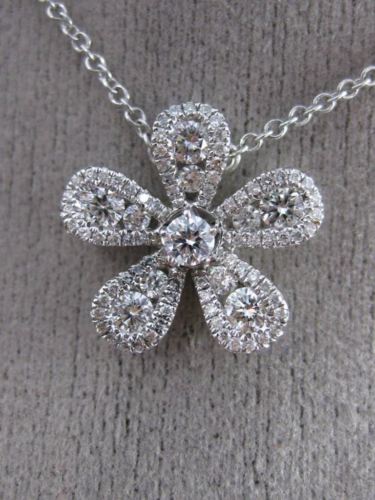 ESTATE .53CT DIAMOND 18K WHITE GOLD 4 CLOVER ETOILE HALO FLOWER FLOATING PENDANT