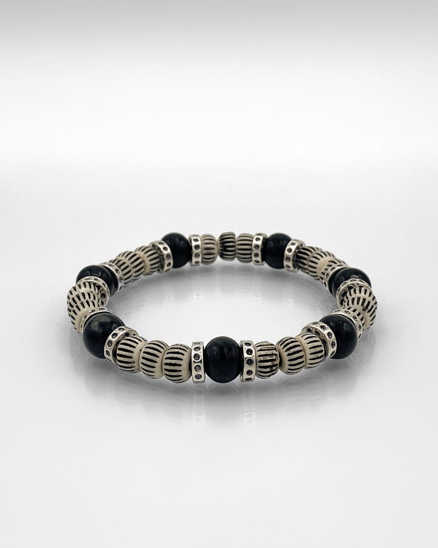 Black Obsidian, Bone and Silver Bead Bracelet