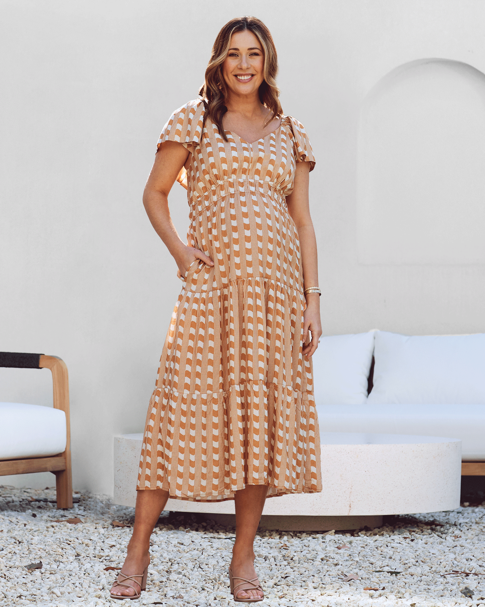 Layla Maternity Ruffled Dress in Sandstone Stripe