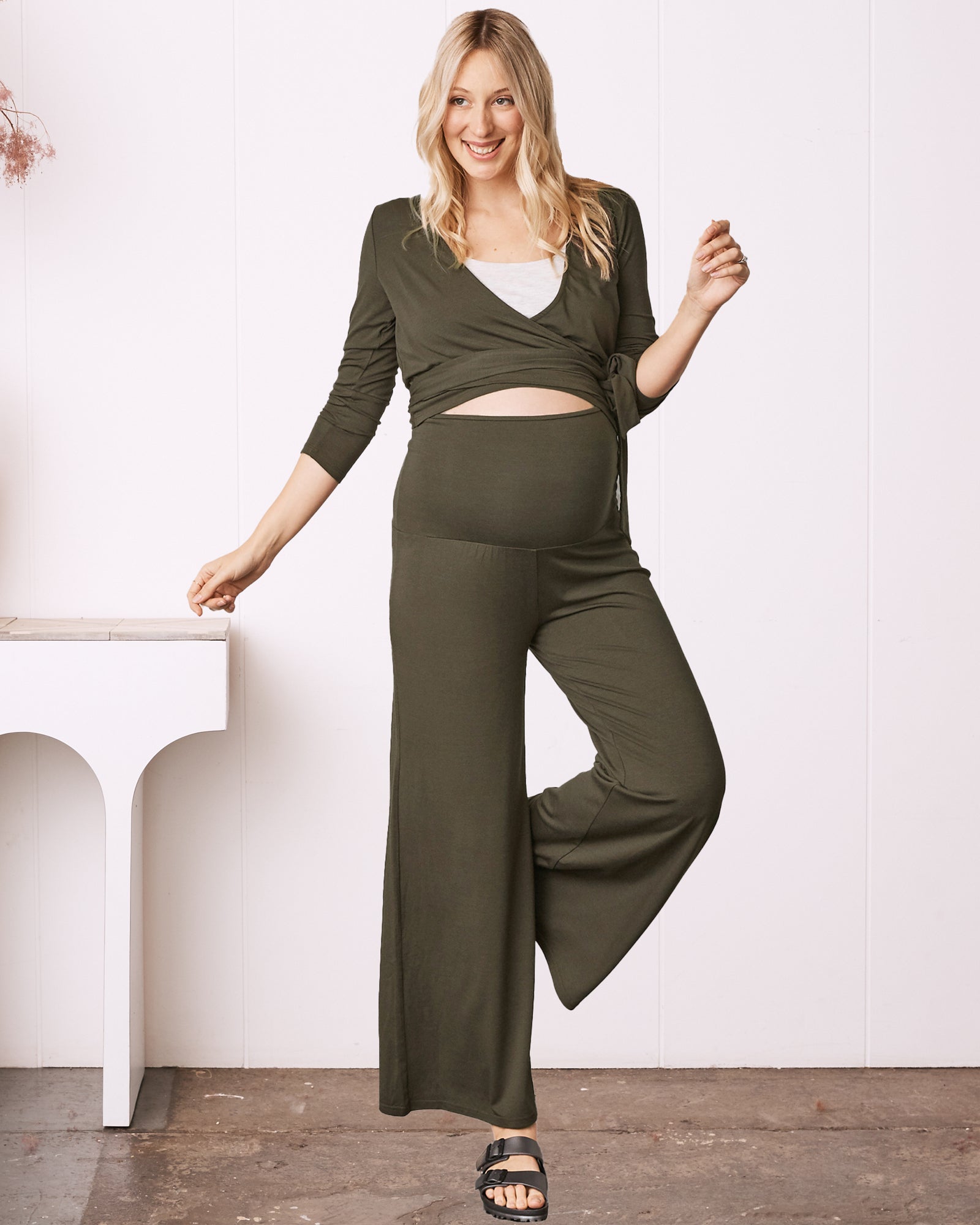 Debra Wide Leg Maternity Bamboo Pants in Olive Green