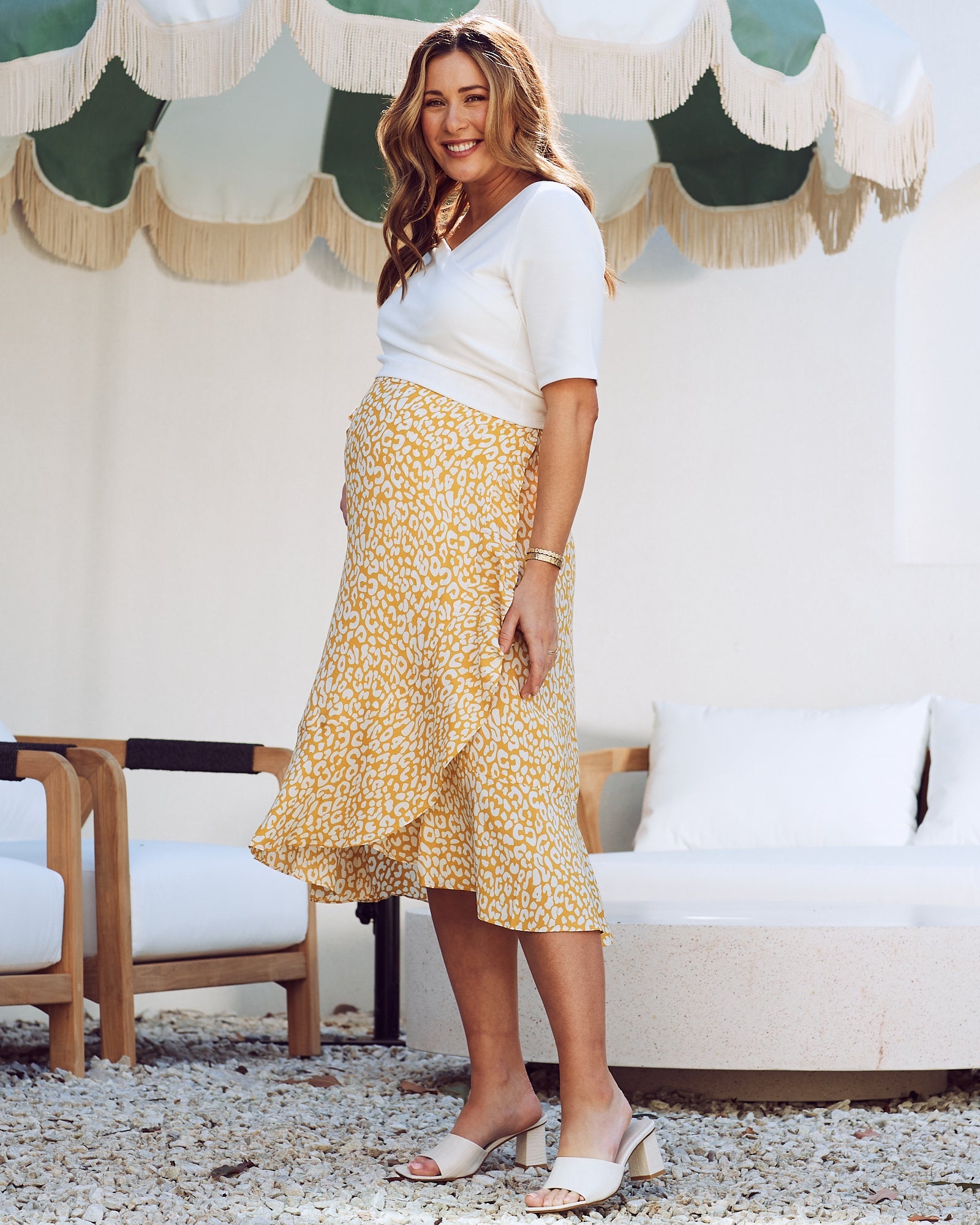 Christie Maternity Wrap Midi Skirt in Yellow Animal Print