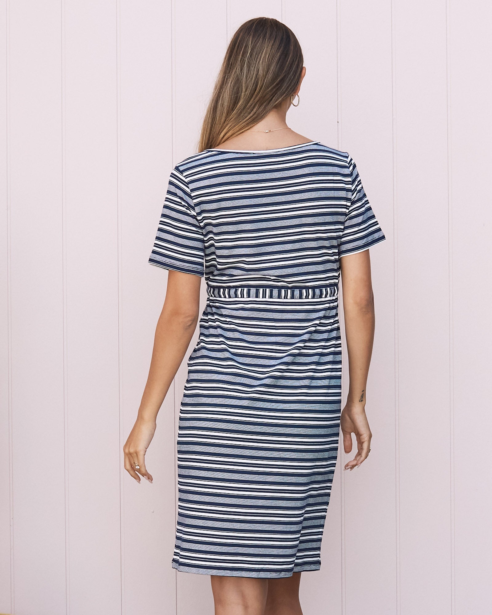 Erika Maternity Short Sleeve Drawstring Dress - Navy & White Stripes